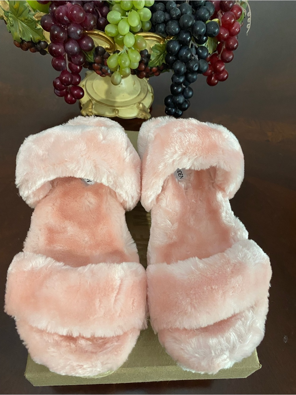 pink Steve Madden Katana faux fur open toe platform